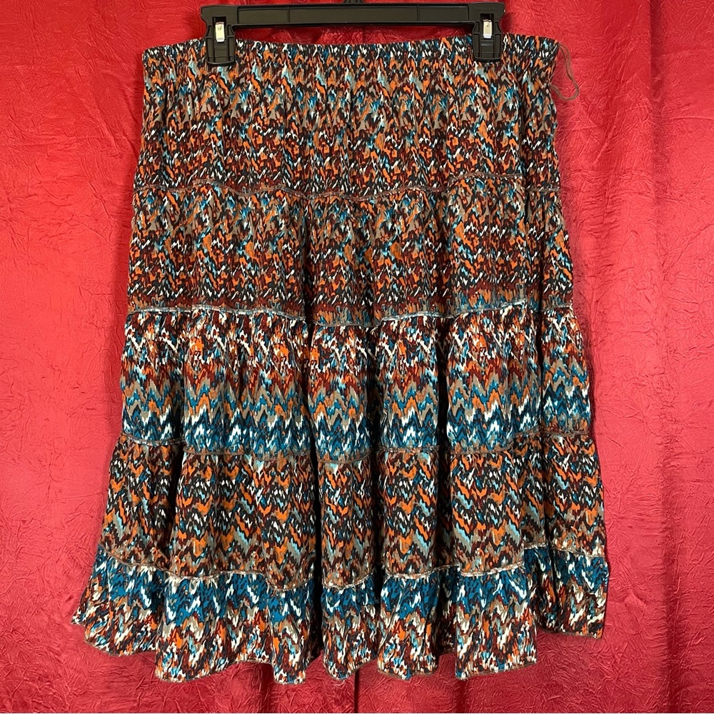 Roz & Ali Tiered Full Skirt with Blue and Orange Multi Color Pattern Size 1X